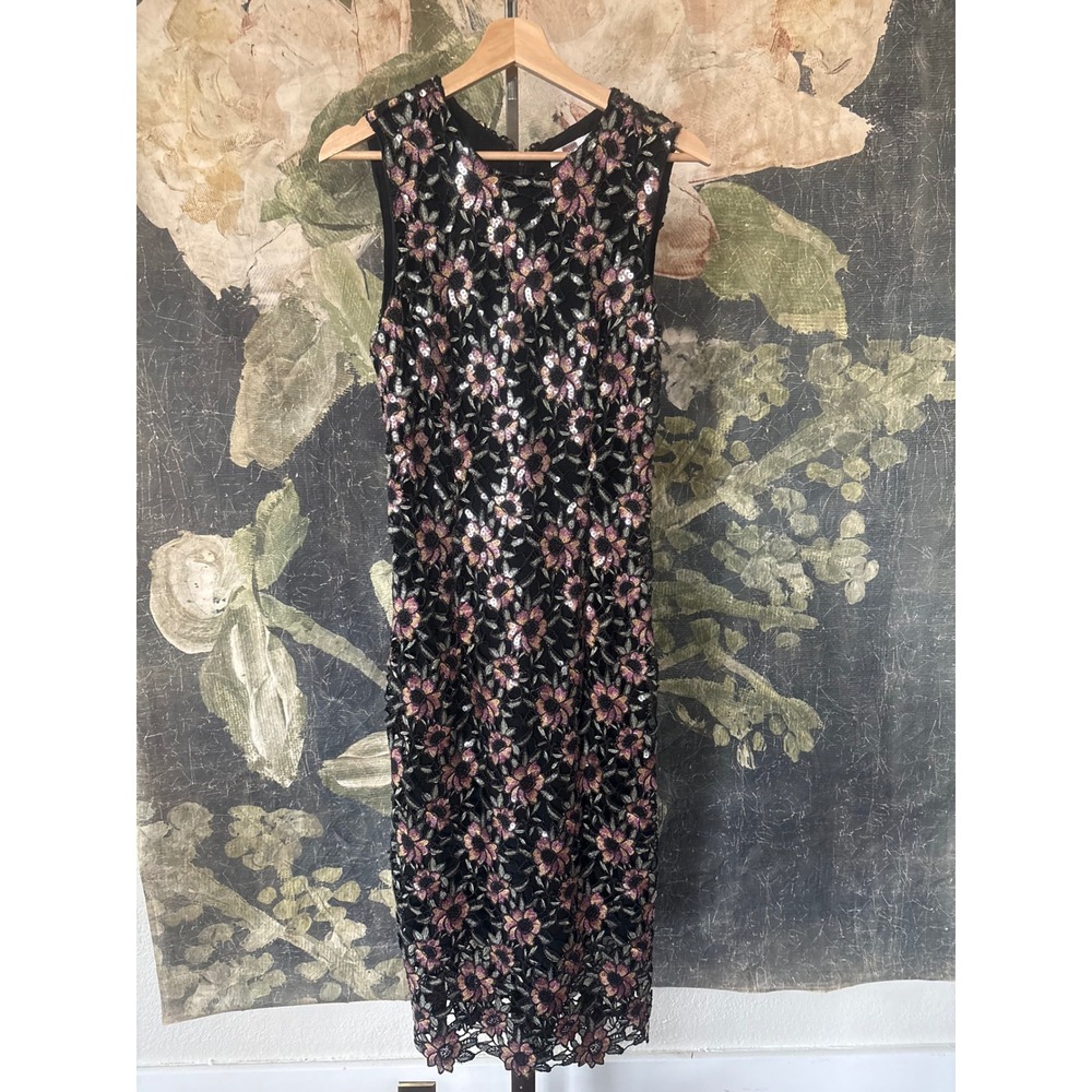 Prabal Gurung Floral Embroidered‎ Sequin Lace Sheath Dress Black Pink Midi - Picture 5 of 12